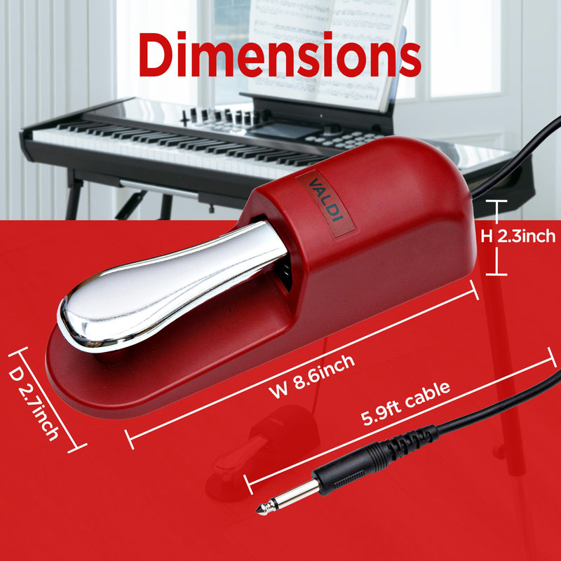 VALDI BP-3 Sustain Pedal - Universal Pedal for Keyboard Piano, Digital Pianos, MIDI Keyboards & Synths - Conversion Switch for All Brands - 1/4'' Jack, Anti-Slip Design, Extended Cable (RED) RED