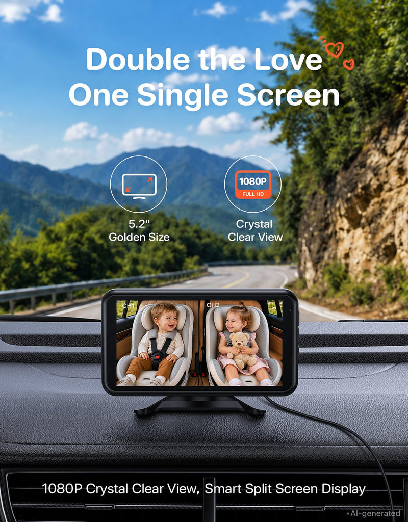 LUCKVIEW BM2PRO Dual Car Camera Baby Monitor for 2 Kids | 5.2'' 1080P HD, Split Screen & Full View, Auto Night Vision, Easy 3-Step Setup for Rear-Facing Infants & Toddlers Orange