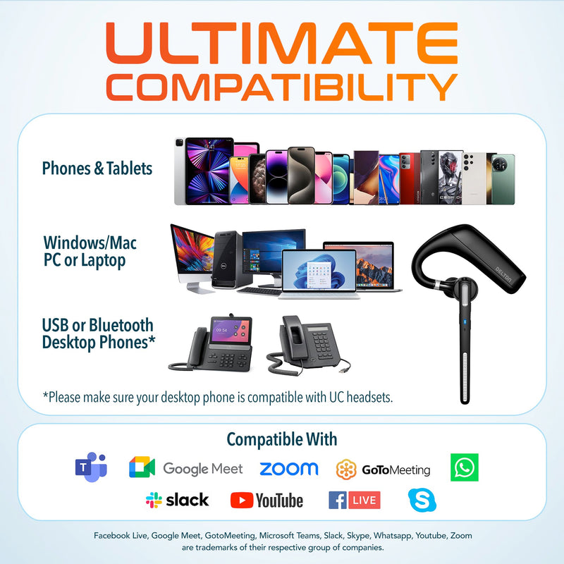 Delton Ultralight Bluetooth Headset with Noise Cancelling Microphone | Bluetooth Earpiece with Carrying Case, Wireless Headset for PC/Laptop, Compatible with MS Teams, Zoom and More - Black