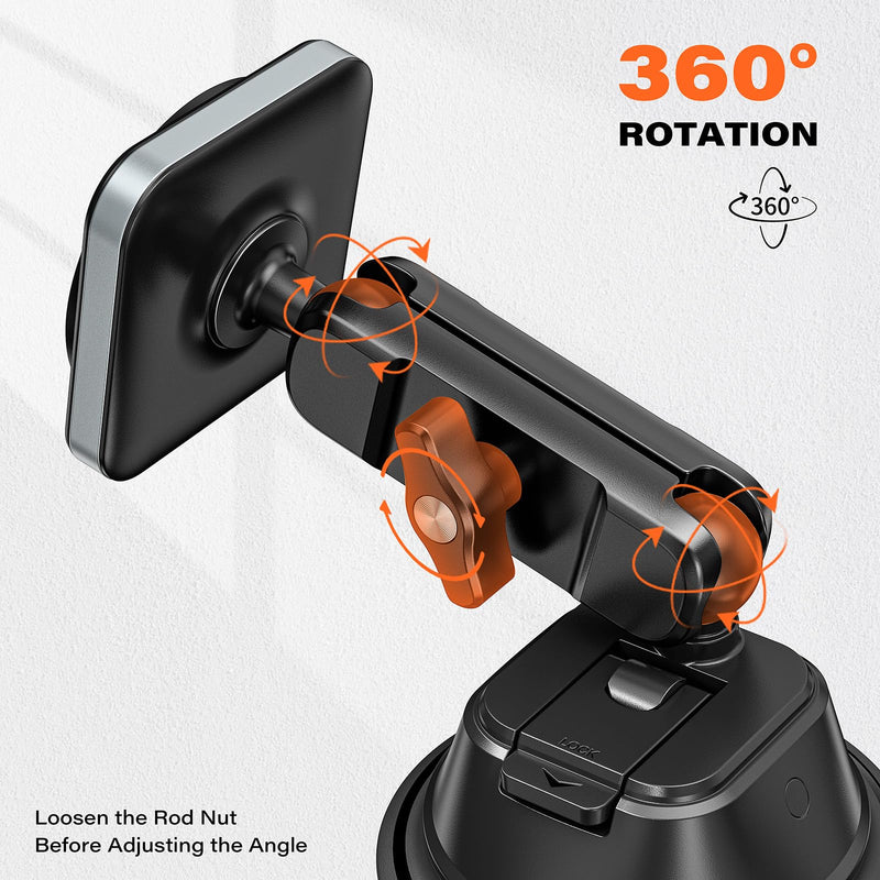 APPS2Car Heavy-Duty Vacuum Suction Phone Mount for Car Windshield Dashboard | Industrial 20x N55 Magnet, Alloy Arm, Ultra-Stable Suction Cup Magnetic Phone Holder for iPhone MagSafe/Samsung/Android