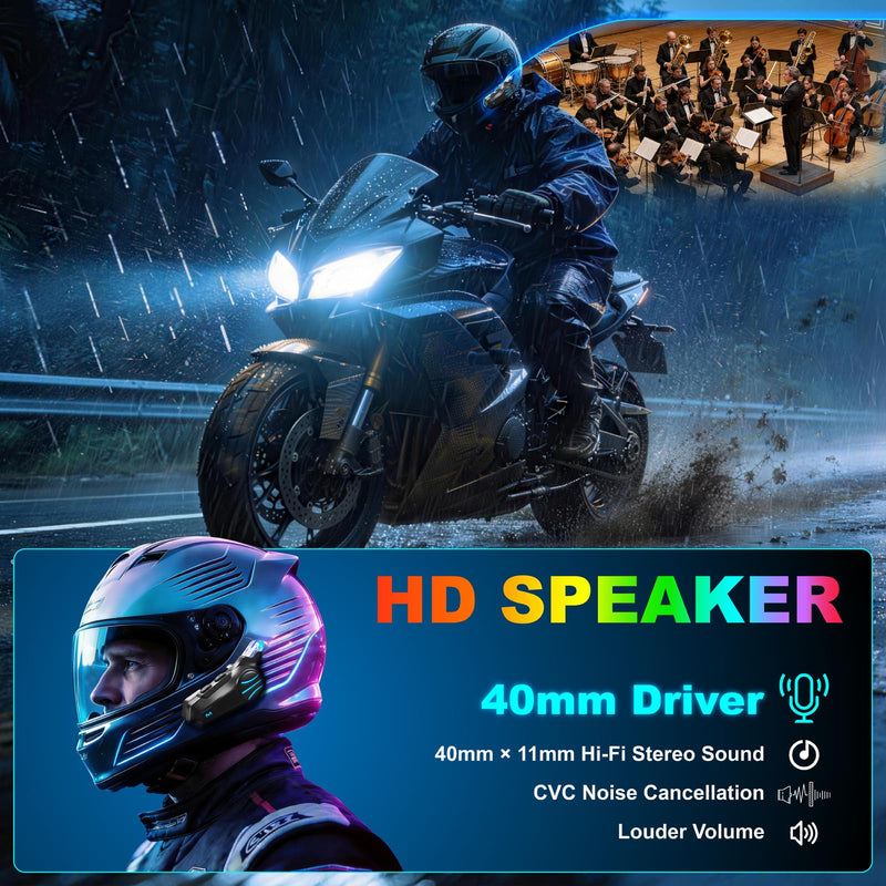 Motorcycle Helmet Bluetooth Headset - V5.4 Motorcycle Communication System | 2-Way Helmet Intercom, Helmet Speakers & Mics CVC/DSP Noise Cancellation, IP67 Waterproof, Hands-Free Call Music Black Body with Colorful Lighting