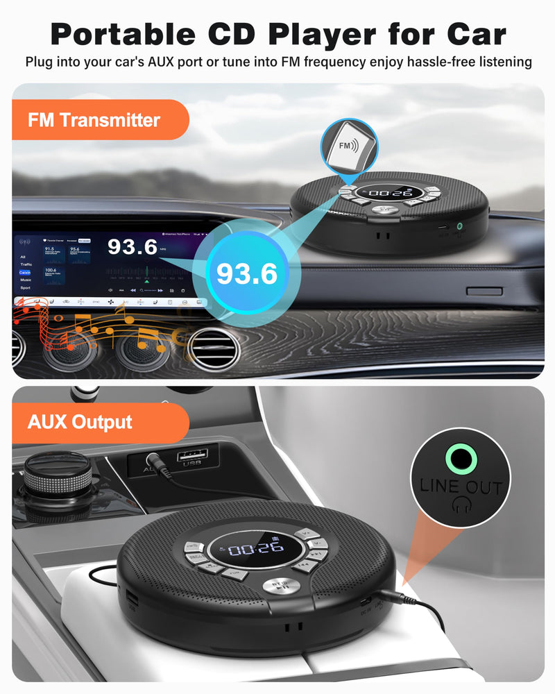 [AUSTRALIA] - Greadio Portable Bluetooth CD Player with 2000mAh Rechargeable, Personal CD Player for Car with FM Transmitter/AUX, CD Discman Player with Headphone, 120s Anti-Skip, USB Port, Backlight (Black) Black-CD Player with FM Transmitter 