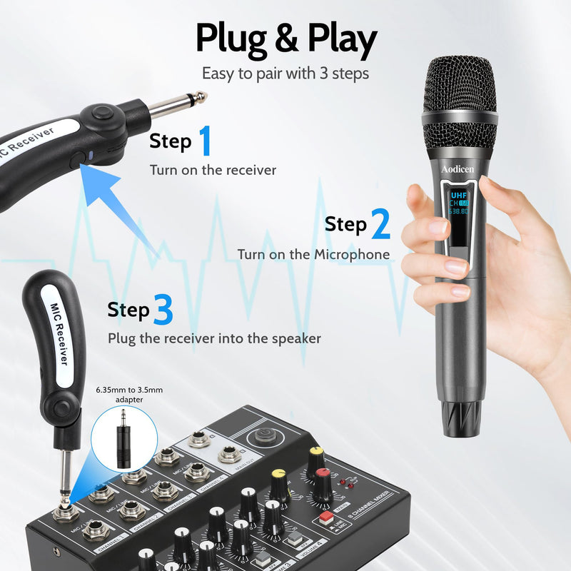 [AUSTRALIA] - Easy Install Wireless Microphone, No Delay Handheld Microphone System with Rechargeable Receiver, Suitable for Singing, Teaching, Church, Weddings, and DJ Events (Black, 1 Microphone) 