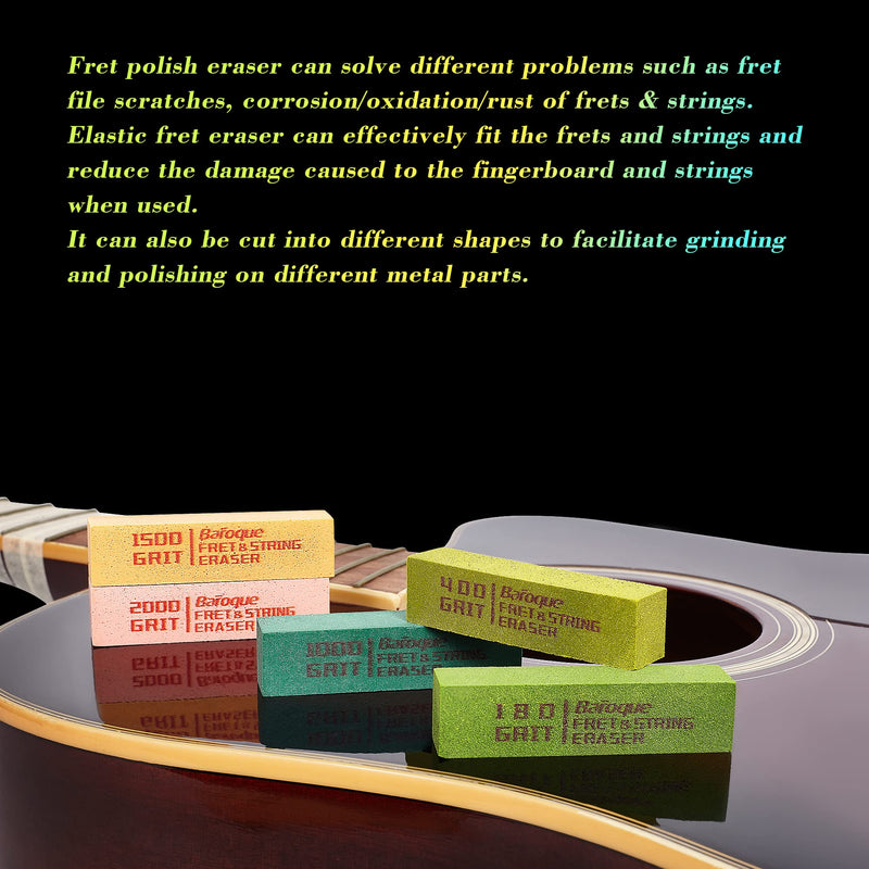 Guitar Fret Erasers, Fret Polishing Abrasive Rubber Blocks, Fret Cleaner Kit, Fret Polish Kit for Fretwire String and Metal, Set of 5 Grits (180 & 400 & 1000 & 1500 & 2000 Grit) 180&400&1000&1500&2000 Grit