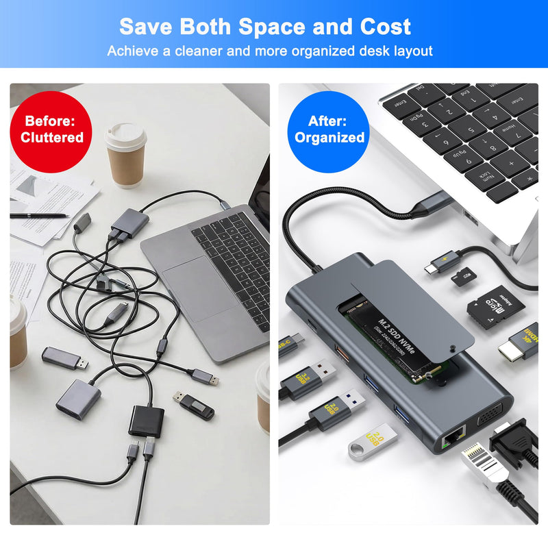 USB C Dock with M.2 NVMe SSD Enclosure, 10Gbps M.2 NVMe SSD Docking Station, USB C Hub with SSD Slot, Laptop Docking Station with 4K HDMI/PD100W/USB 3.2 Gen2/VGA/Gigabit LAN/SD/TF Card Reader