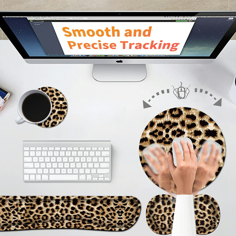 Keyboard Wrist Rest Pad + Mouse Wrist Rest + Gaming Mouse Pad + Coasters Ergonomic Memory Foam Wrist Pad Set with Easy Typing & Pain Relief for Computer, Laptop, Office & Home - Leopard Grain