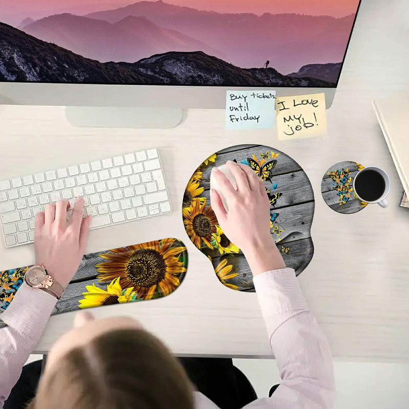 Keyboard Wrist Rest Pad and Mouse Pad Wrist Rest Support Set, Ergonomic Gaming Mousepad Durable Smooth Surface Non-Slip Base Sunflower Butterfly Design for Computer Laptop Home Office + Cute Coasters Yellow Sunflowers and Butterflies