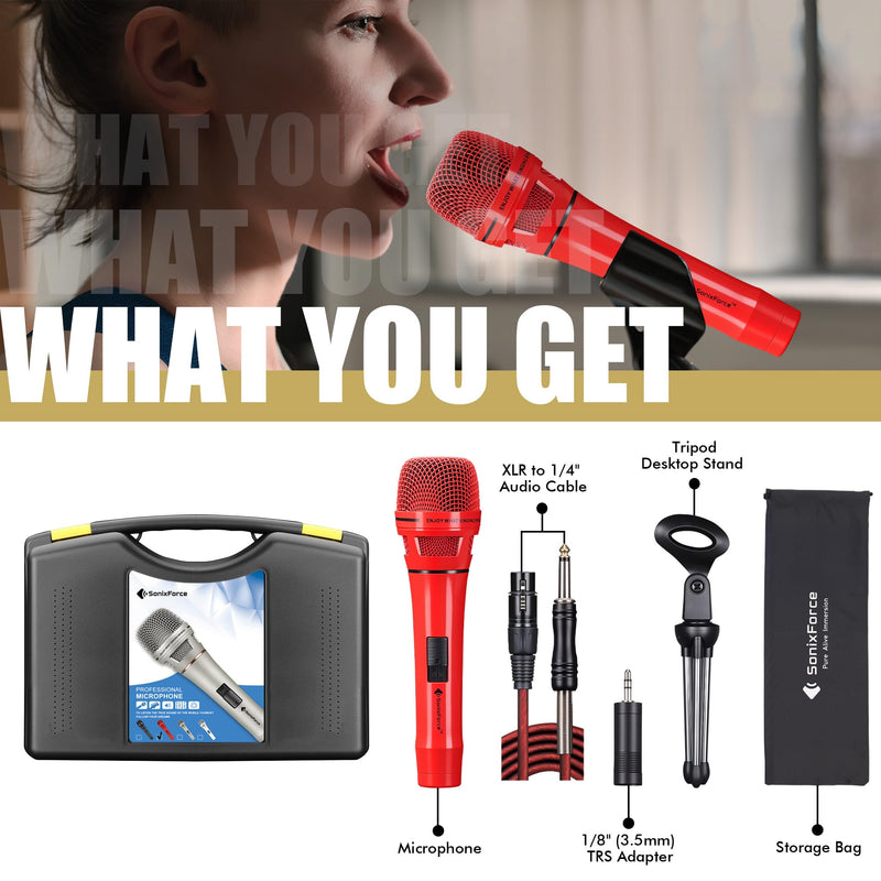 Dynamic Microphone - Professional Vocal Microphone for Singing - Premium Handheld Wired Mic with 16ft XLR to 1/4" Audio Cable - Microfono for Speaker, Mixer, Amplifier & Karaoke Machine Red