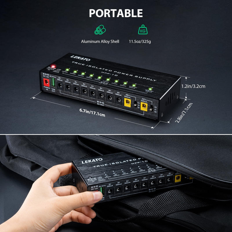 LEKATO Guitar Pedal Power Supply, True Isolated Pedal Power Supply with 10 Ports, USB Port, Short Circuit Protection, Guitar Pedal Power DC Output 9V 12V 18V for Effect Pedal