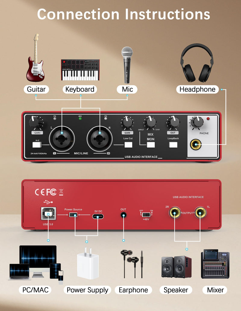 [AUSTRALIA] - HOSONGIN 2i2 USB Audio Interface for Beginners - 24Bit/192kHz, 48V Phantom Power, Plug & Play Recording for Podcast/Vocals/Guitar/Youtube, PC/Mac/iOS Compatible (Red Metal) H-A002 