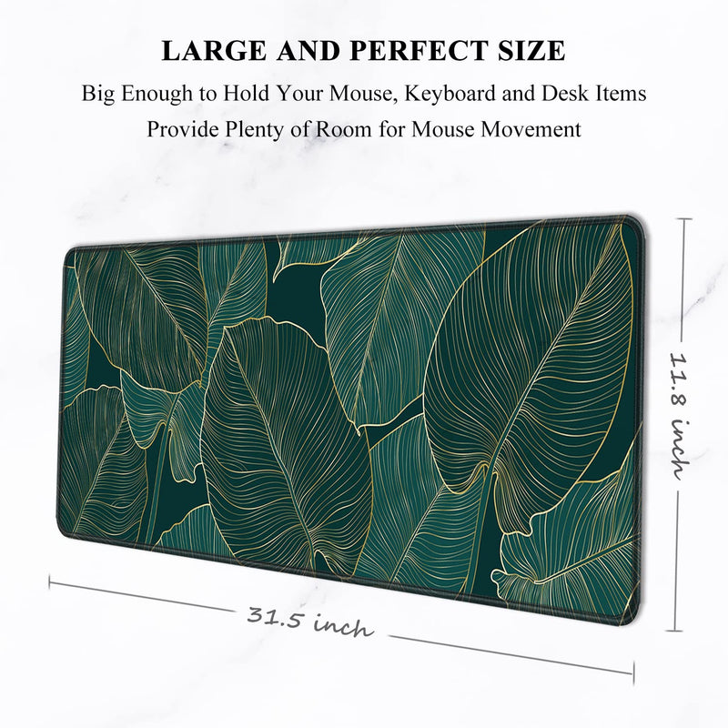 Auhoahsil Desk Pad, XL Extended Large Gaming Mouse Pad 31.5 x 11.8 Inch, Waterproof Mousepad with Stitched Edge, Non-Slip Computer Keyboard Laptop Mat for Women Men Office Work, Teal Tropical Leaves