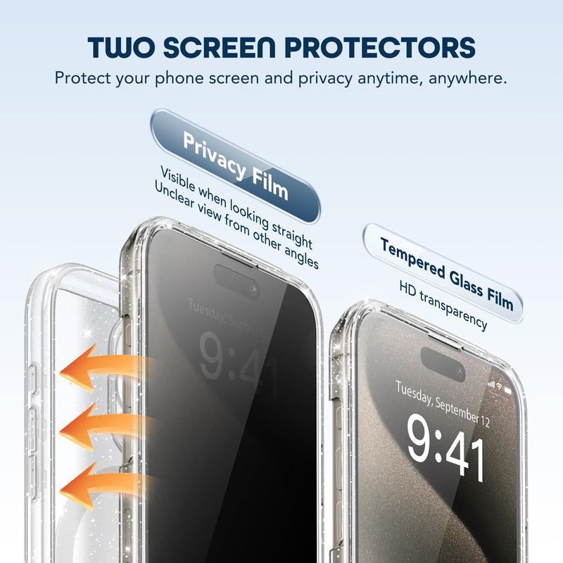 Magnetic for iPhone 15 Pro Max Case, [Dustproof Design] Compatible with MagSafe, Built-in 9H Tempered Glass Screen Protector + Privacy Screen Protector & Upgraded Camera Protection,Shiny Clear Shiny Clear iPhone 15 Pro Max 6.7 inch
