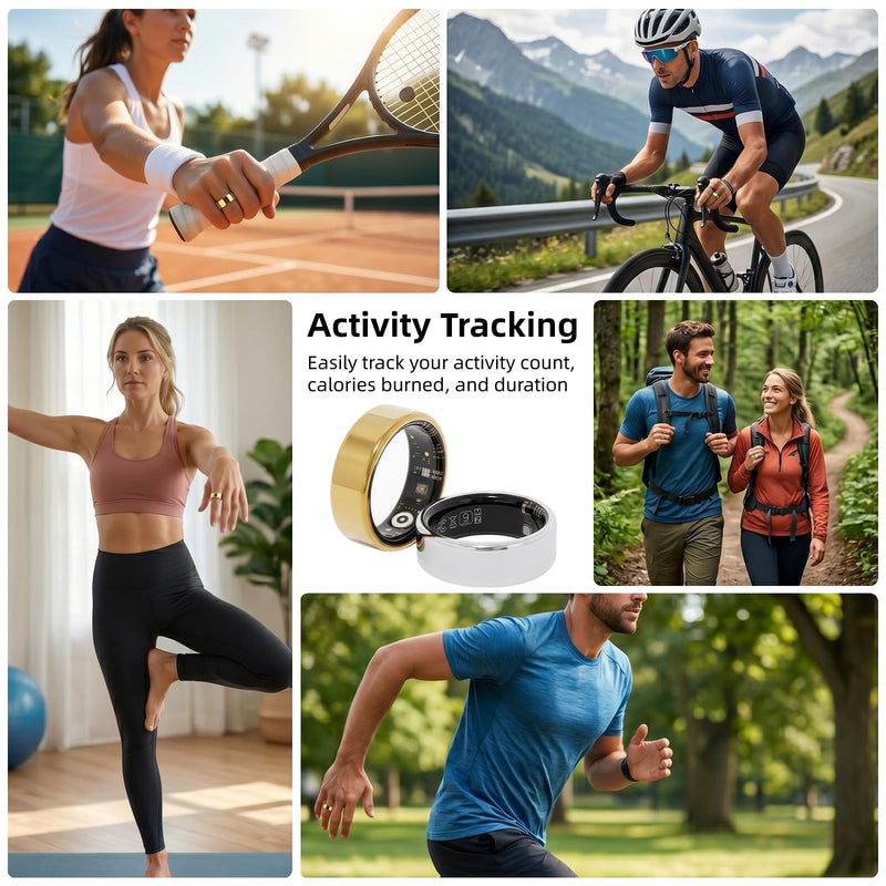 Smart Ring for Women & Men, Fitness Tracker Ring with Charging Case, Supports Heart Rate, HRV, Blood Oxygen, IP68 Waterproof, Sleep Tracking Ring for iOS and Android, No Subscription Fees(Gold 7) Gold