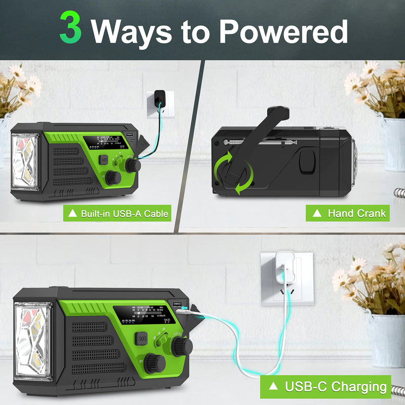 Hand Crank Emergency Radio, 6000mAh AM/FM/NOAA Weather Radio, Hand Crank Radio with 4 Built-in Cable, Emergency Weather Radio with Quickly Phone Charger, SOS Alarm for Emergency Winter Storm Green