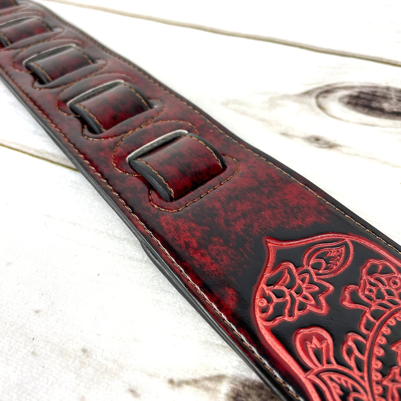 Walker & Williams GB-30 Handmade Fire Wine Red Padded Leather Guitar Strap with Vintage Paisley Pattern For Acoustic, Electric, And Bass Guitars