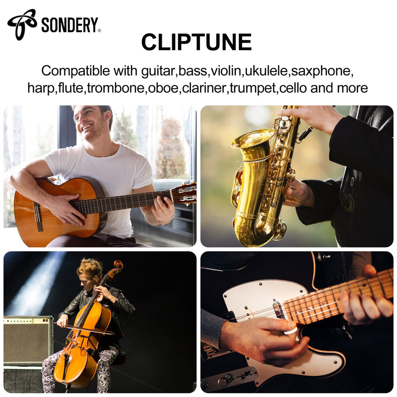 Sondery Guitar Ukulele Tuner Clip On Rechargeable, Easy to Read Simple TFT Screen Extremely Fast and Accurate Tuning, Headstock Chromatic Tuner Pitch 410-460Hz, Perfect for Any Lighting