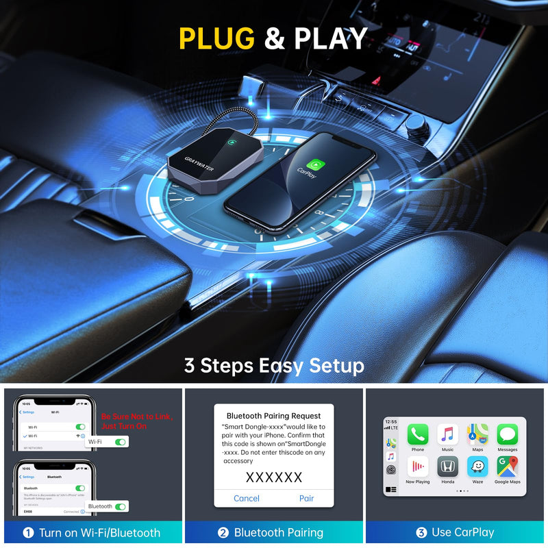 Wireless CarPlay Adapter, Convert OEM Wired to Wireless Car Play Dongle Fit for Cars 2015+ & for Apple iPhone iOS 10+, Innovative Seamless Control Plug & Play Black Gray
