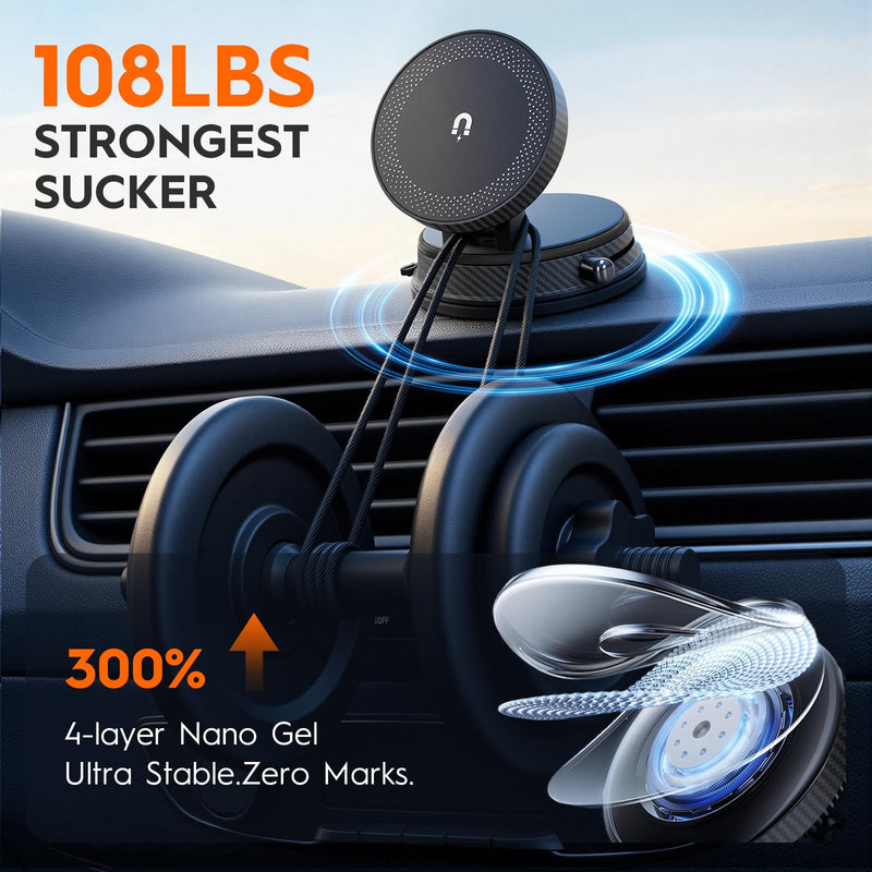 Magnetic Car Phone Holder for MagSafe, 15W Wireless Charging, 360° Adjustable Dashboard Mount, Compatible with iPhone 12-17 & Android (Black) Black