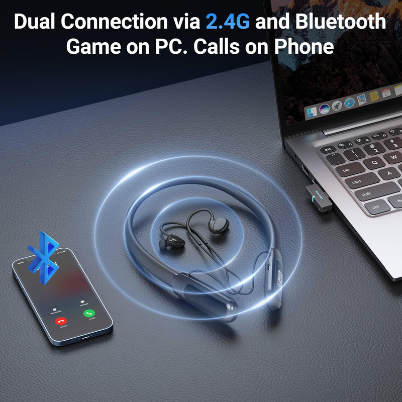 Middle Rabbit Rampage 2 Wireless Gaming Earbuds for PS5 PC, 2.4GHz Dongle | 20ms Low Latency; Bluetooth Neckband Headphones; Mic; 32H Playtime; PS4 Switch Steam Deck Laptop Black
