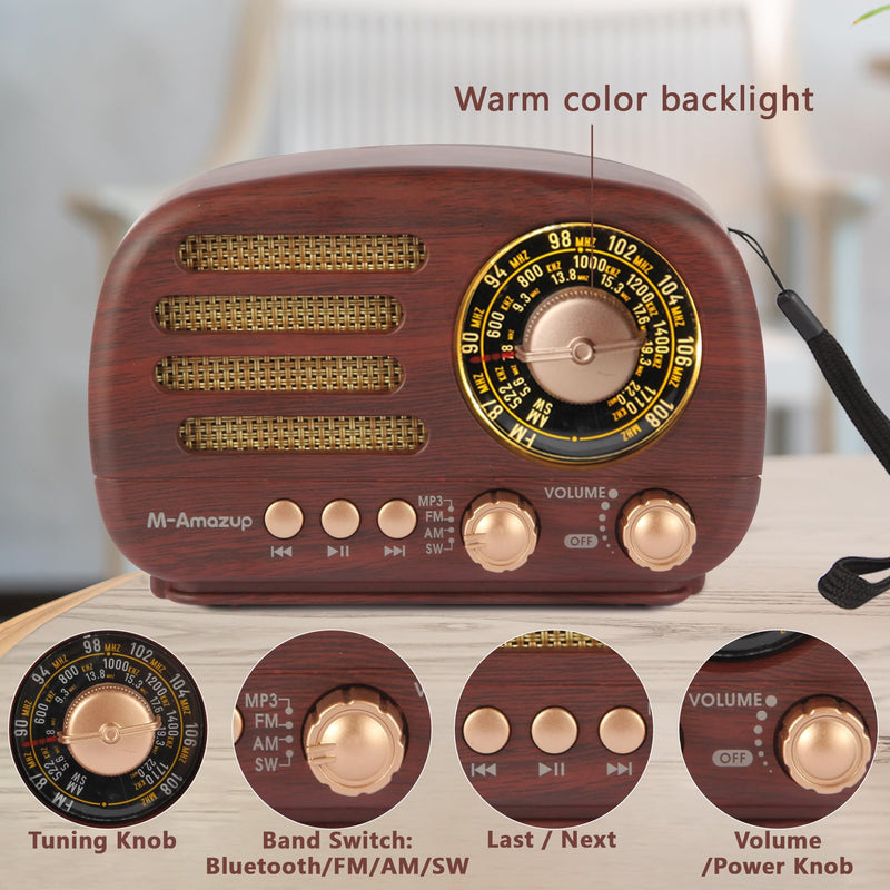 Radios Portable AM FM SW, Retro Radio with Speaker, Transistor Radio Bluetooth 5.3, Rechargeable Battery Powered, TWS, Support TF Card/MP3/USB Playing, Gifts for Senior, Dark Wood