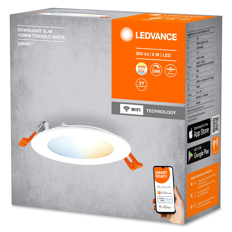[AUSTRALIA] - LEDVANCE LED Spotlight Integrated Slim Diameter 12 cm Round Recessed Ceiling Spot for Indoor Use Dimmable 8 W Colour Temperature 3000 - 6500 K 550 Lumen Flat Design Includes Clamping Device White 3000-6500k 120mm 8w 