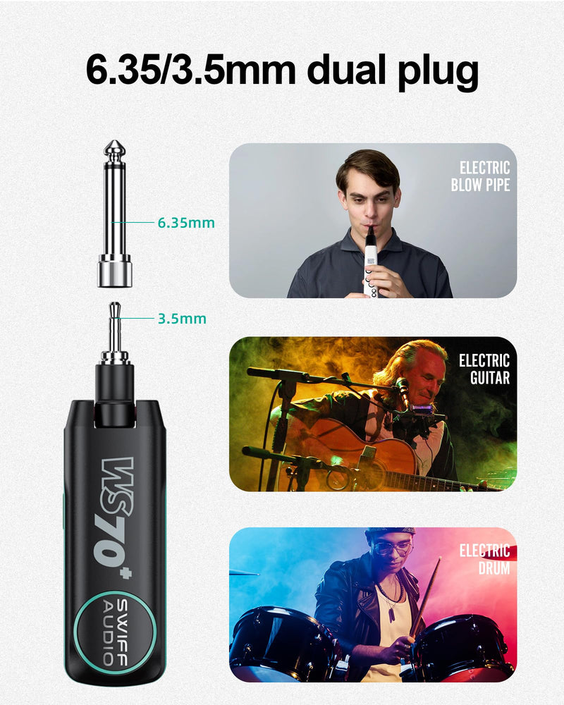 [AUSTRALIA] - Wireless Guitar Transmitter Receiver Rechargeable Wireless Guitar System 10 Channels Transmission Range for 6.35mm/3.5mm Musical Instrument WS-70+ 