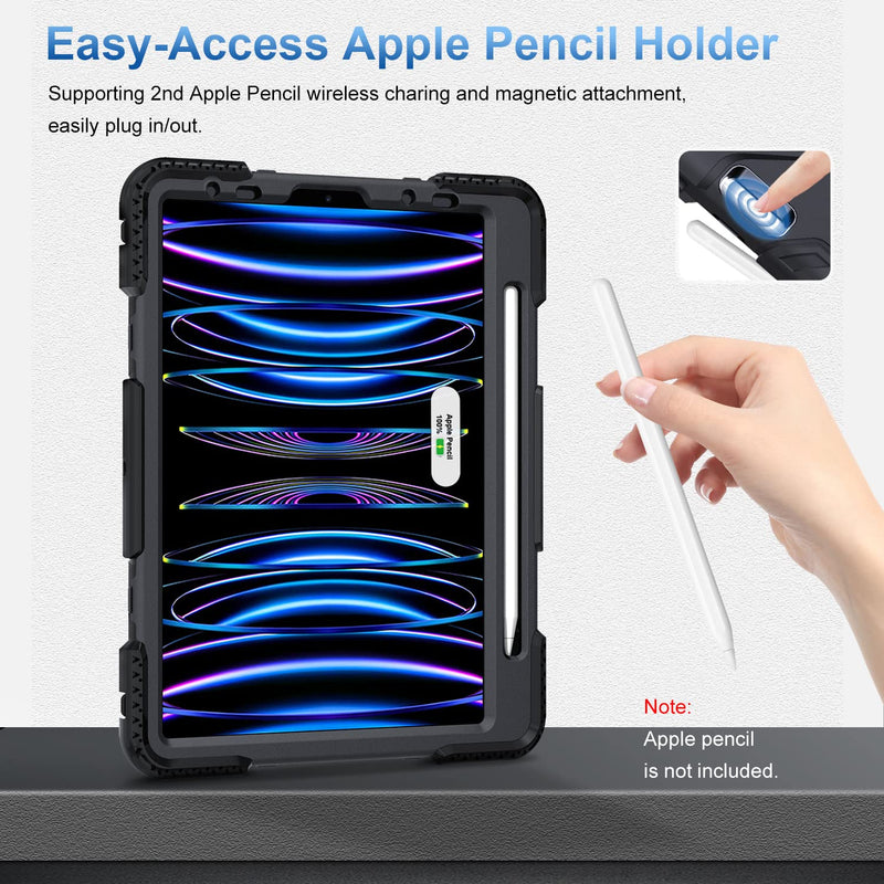 SUPFIVES Case for iPad Pro 11 inch (2022/2021/2020), Upgraded Military Grade Shockproof Protector Silicone iPad Pro 11 4th Gen Cover Pencil Holder+ Handle+ Shoulder Strap+ Rotating Kickstand, Black Ipad pro 11 inch 2022/2021/2020/2018