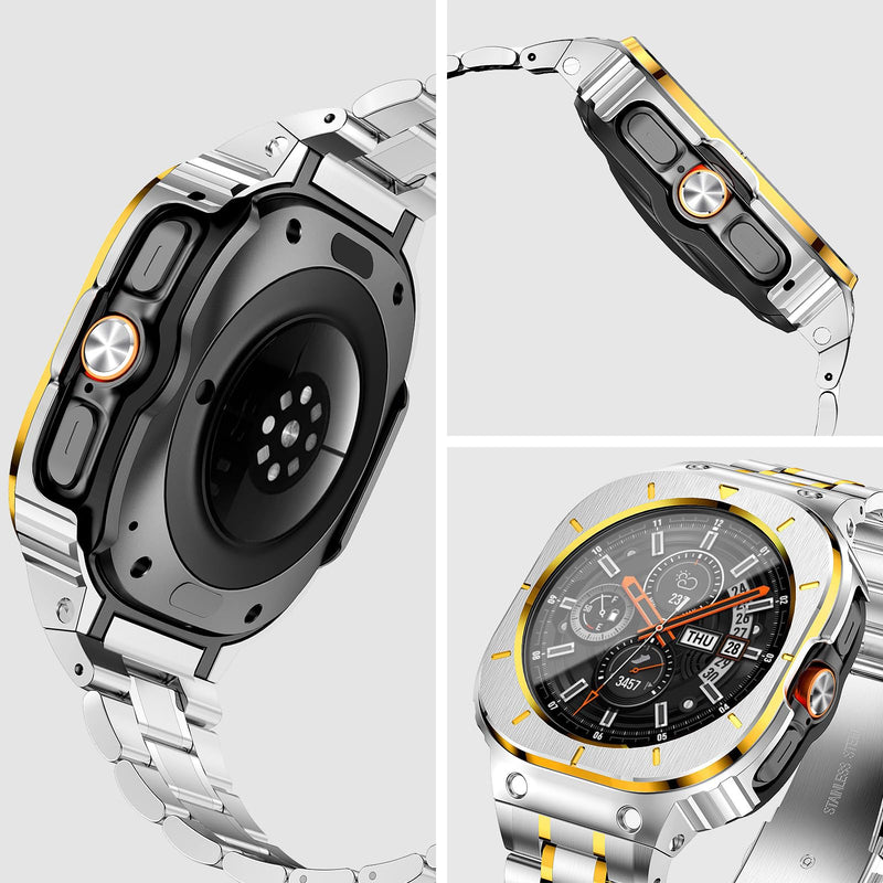 Stainless Steel Band with Case Compatible with Samsung Galaxy Watch Ultra | BAITEYOU Metal Strap with Cover for Samsung Galaxy, Ultra 2/9/8/7 47mm 2026/2025/2024, Luxury Bracelet for Men.Silver Gold Silver Gold Galaxy Watch Ultra -47mm