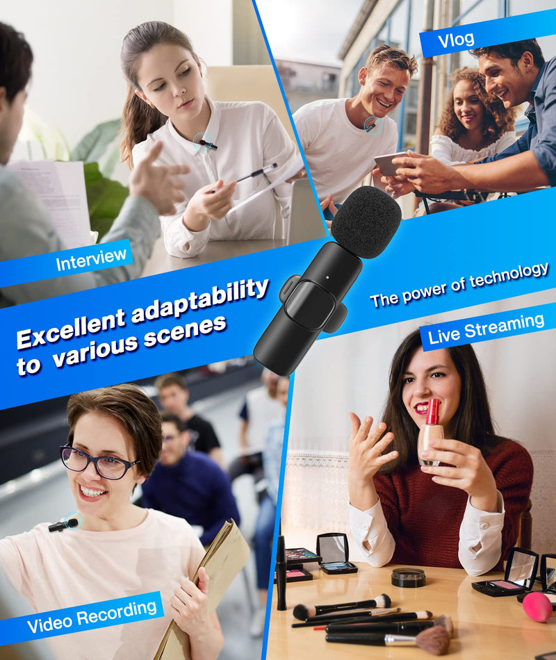 Wireless Lavalier Microphone for Android/iPhone/Computer/Laptop, Wireless Mic for iPhone15 with Noise Reduction Chip, Mini Microphone for Recording Podcast YouTube, TikTok(2 Pack)