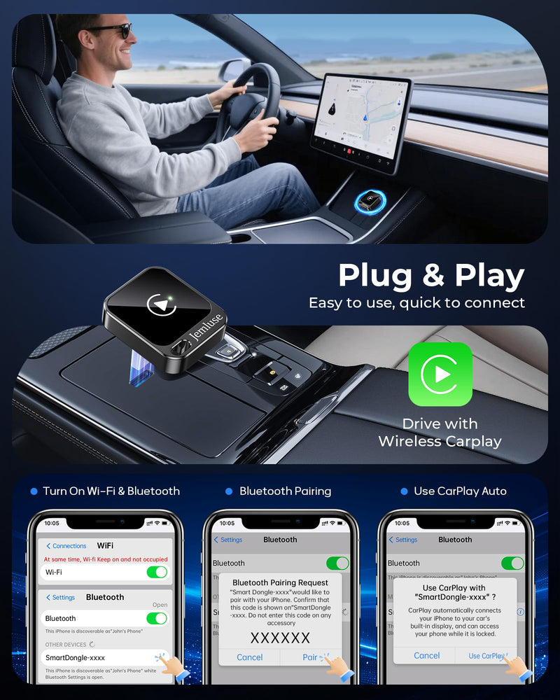 Jemluse Wireless CarPlay Adapter for Apple - Mini Size, Fast Stable Connection Convert Wired to Wireless Car Play Dongle for iPhone iOS 10+, Plug & Play for Cars from 2016+ w/USB-C(Onyx) Onyx