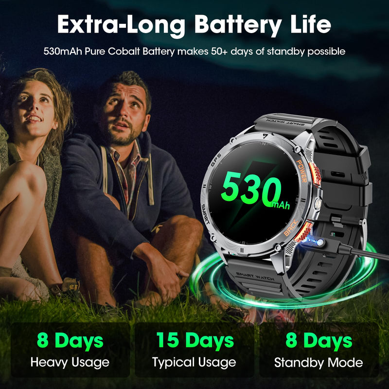 Military Smart Watches for Men with GPS, 1.43" AMOLED Bluetooth Call Smartwatch with LED Flashlight, Smart Watch for Android iOS, IP68 Waterproof Fitness Tracker with Heart Rate (Black) Black