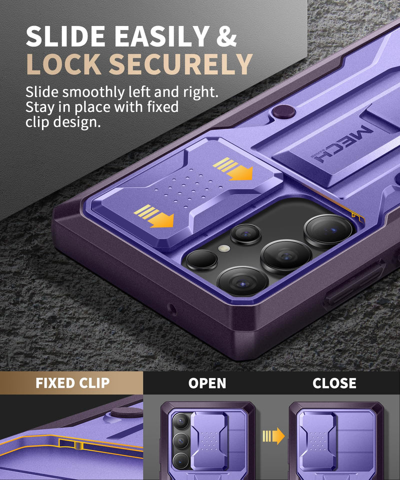 TONGATE for Samsung Galaxy S23 Ultra Case, 2 Front Frames & Stand, P-Purple | Built-in Slide Camera Cover & Screen Protector, Military Grade Shockproof S23 Ultra Phone Case with Kickstand & Belt-Clip Pri-Purple
