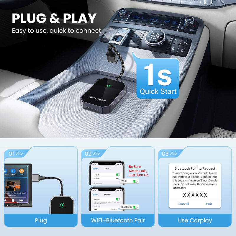 GRAYWATER Wireless CarPlay Adapter,Convert OEM Wired to Wireless Car Play Dongle Fit for Cars 2015+ & for Apple iPhone iOS 10+,Innovative Seamless Control Plug & Play（Space Silver） Space Silver