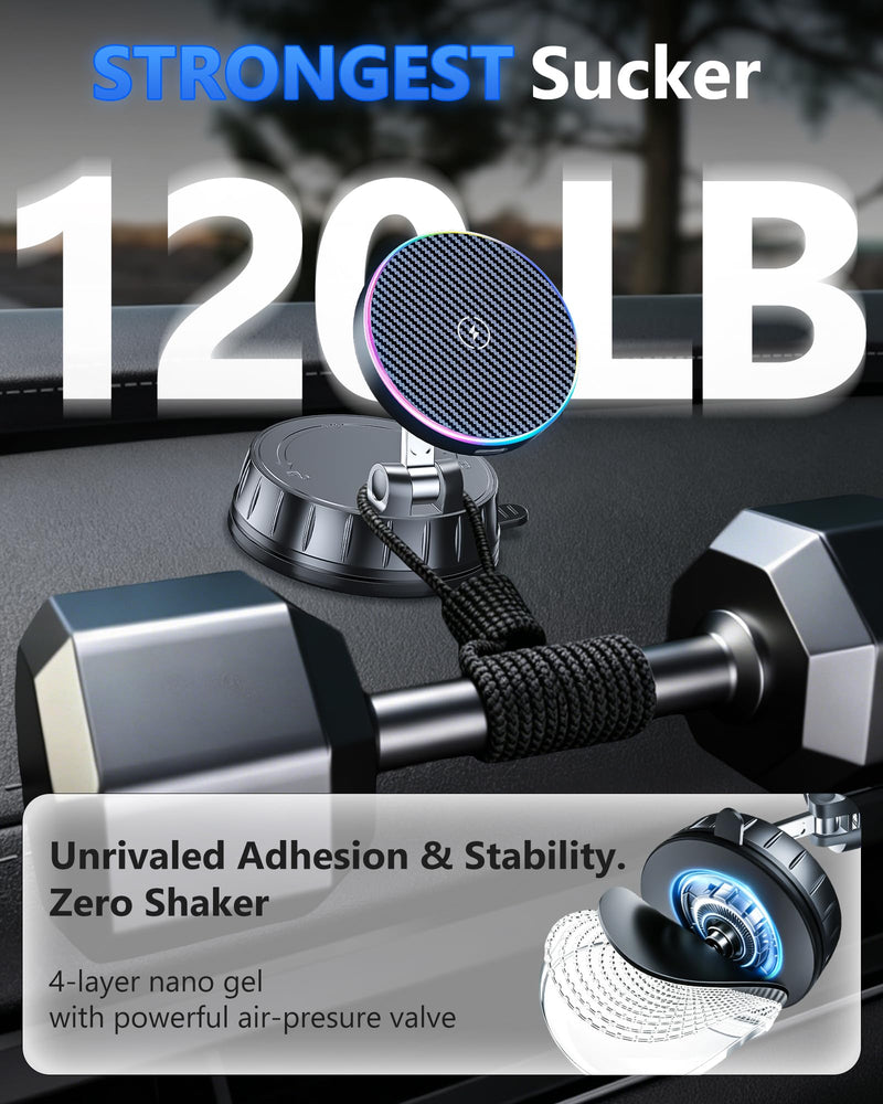 15W MagSafe Car Charger Mount, Magnetic Wireless Car Phone Holder with Dual Input Port, Vacuum Suction & Nano Adhesive Base, 360° Rotation Stable Car Charging Stand for iPhone 12-17, Samsung S26