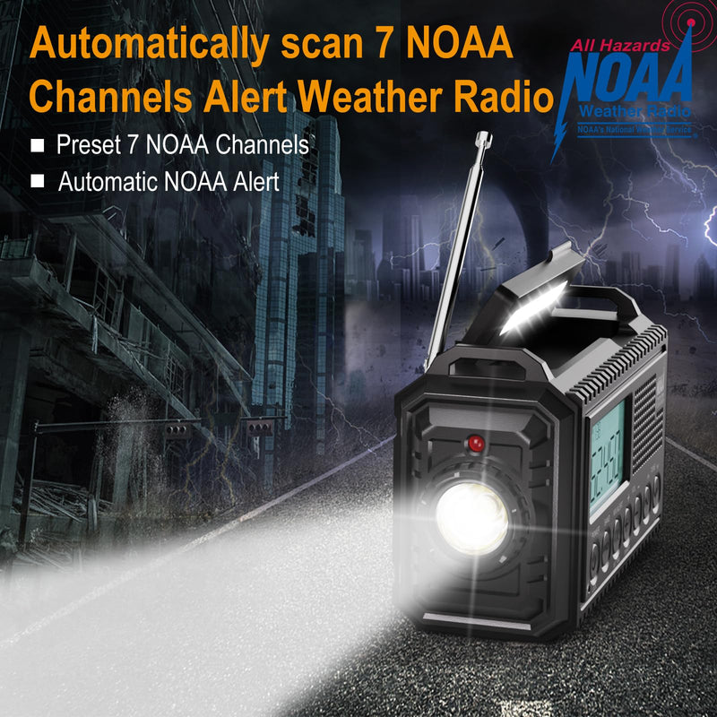 Raynic NOAA Weather Radio,5000mAh/18500mWh Solar Hand Crank Emergency Radio, Battery Powered Portable Radio with AM/FM/SW/NOAA, Cell Phone Charger, Type-C Charging, Flashlight and SOS Siren Black-LCD Display