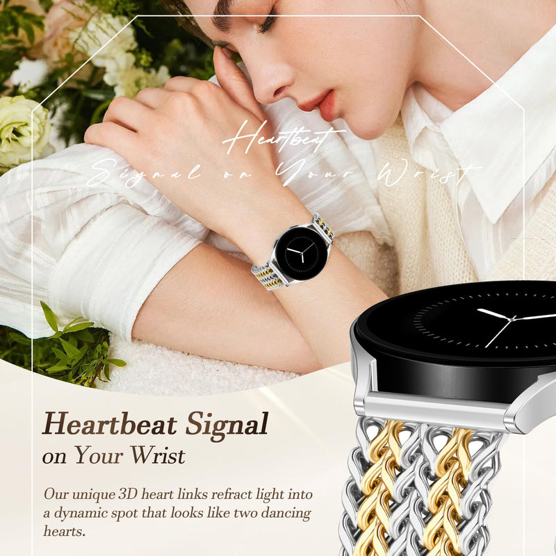 JR.DM Starlight Metal Watch Band Women 20mm Dressy Strap Stainless Steel Chain Bracelet Compatible with Samsung Galaxy Watch 7/6/5/4/Active 2/4 6 Classic/5 Pro/FE 40mm 42mm 43mm 44mm 45mm 46mm 47mm A5 Silver+Gold