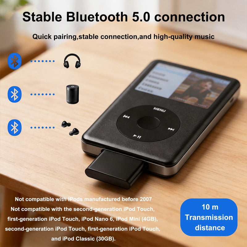 Bluetooth Transmitter for iPod Classic 160GB & iPod Nano,Plug-and-Play Bluetooth Adapter Connector Compatible with AirPods, Bluetooth Earbuds, Headphones and Speakers (Black) Black