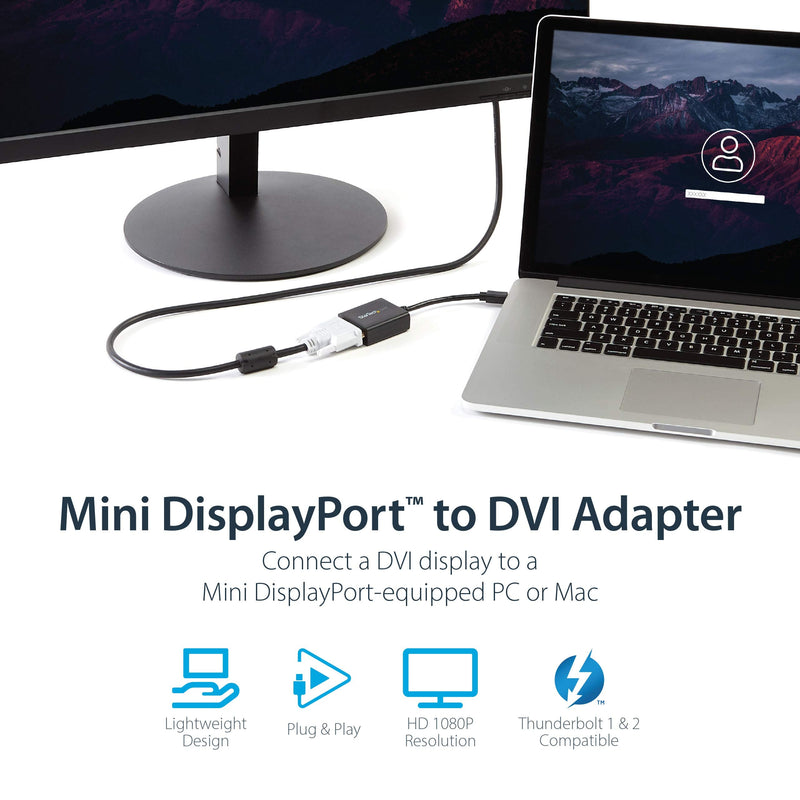StarTech.com Mini DisplayPort to DVI Adapter - Mini DP to DVI-D Converter - 1080p Video - VESA Certified - mDP or Thunderbolt 1/2 Mac/PC to DVI Monitor - mDP 1.2 to DVI Single-Link Dongle (MDP2DVI) Black