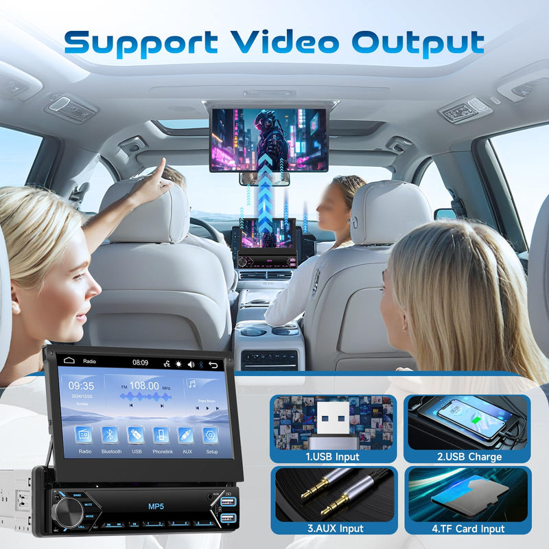 Single Din Flip Out Car Stereo Bluetooth 7 Inch Retractable Touch Screen Car Radio 1 Din Mirror Link/FM/EQ USB/Type-C/AUX SWC, Car Audio Receiver MP5 Multimedia Player with Backup Camera