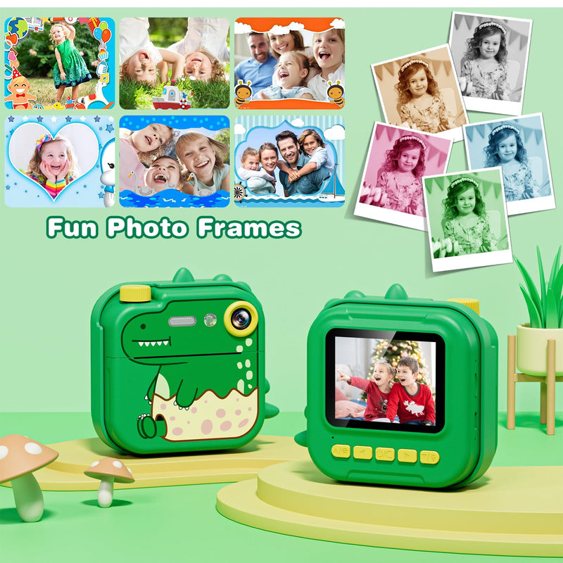 Kids Camera Instant Print,2.4 Inch Screen 12MP / 1080P HD Video Camera,3-12 Boys Girls Christmas Birthday Dinosaur Toys Gifts,Kids Instant Digital Camera Green