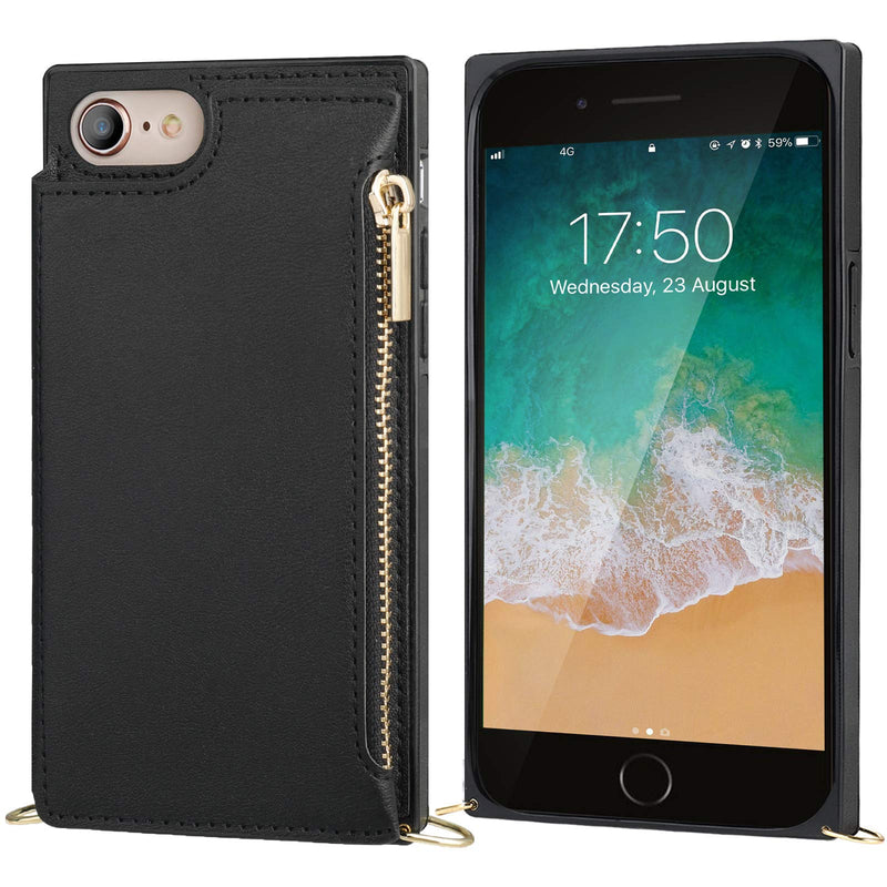 Bocasal Crossbody Wallet Case for iPhone SE 2022/SE 2020/7/8 with Card Holder,Zipper Card Slot Protector Shockproof Purse Cover with Removable Cross Body Strap 4.7 Inch(Black) Black For iPhone 7/8/SE3 2022/SE2 2020(4.7 inch display)