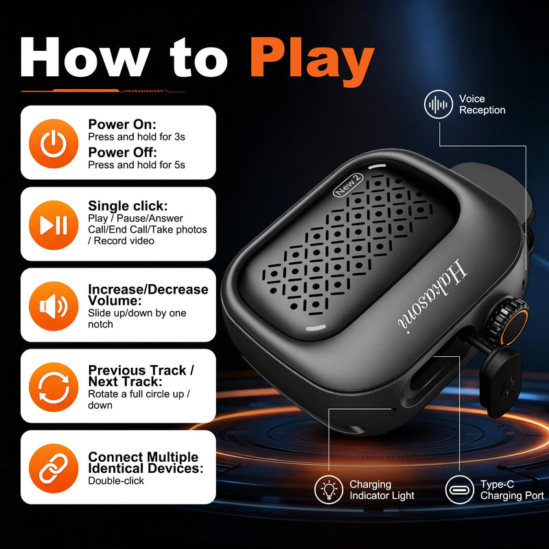 New2 Clip On Speaker, Mini Wearable Sports Speaker, Black | 3 in 1 Clip/Wrist/Neck Lanyard Portable Speaker, IP69K Waterproof, 20H Long Playtime for Shower Workout Camping Cycling