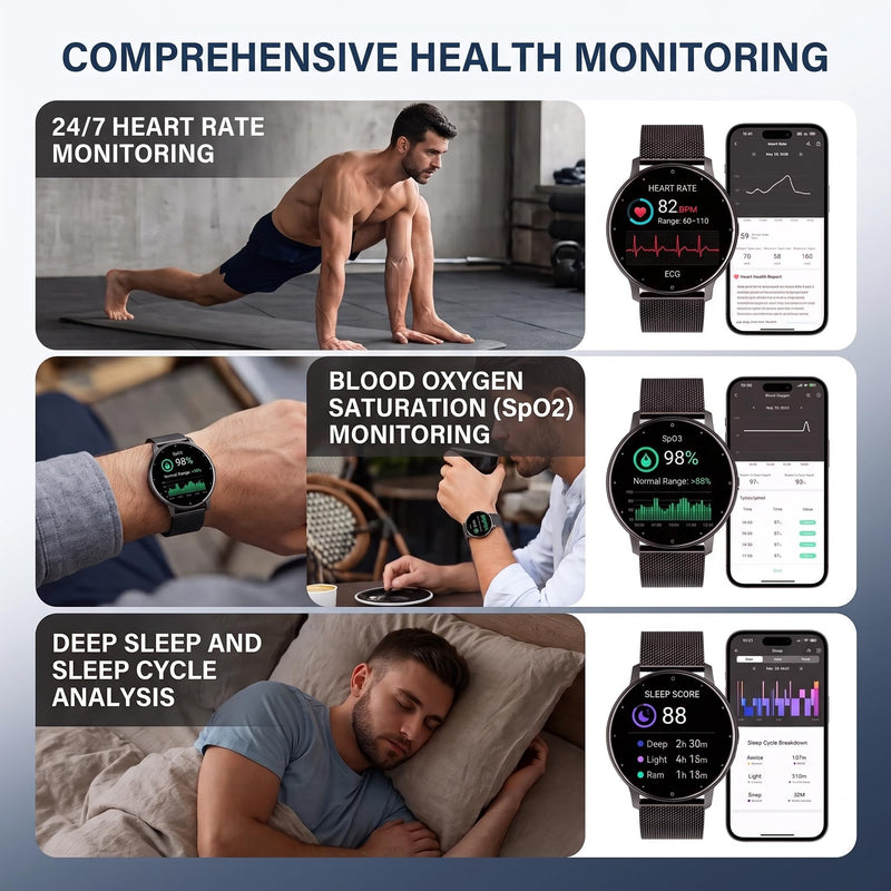LAKEYLOYI Smart Watch Men Women (Answer/Make Calls), Fitness Watch with 100+ Sport Modes, IP67 Waterproof/Heart Rate/Sleep Monitor, Smart Watches for iOS/Android with 2 Bands Black