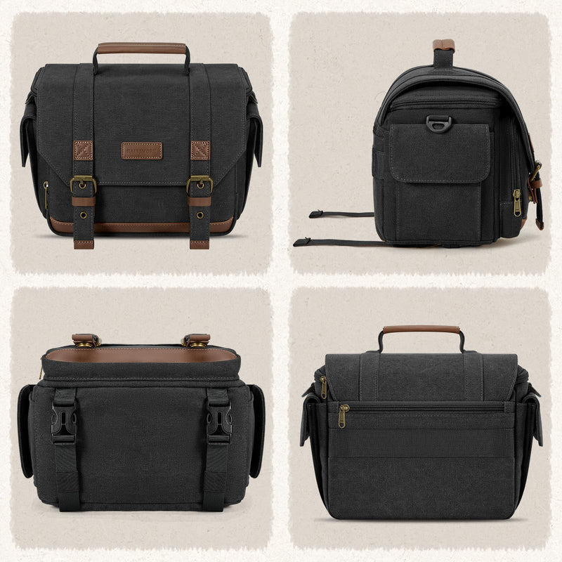 RAINSMORE Camera Sling Bag Canvas Crossbody Camera Case with Rain Cover | Water-Resistant Camera Shoulder Bag for DSLR Mirrorless Compact Camera Bags with Removable Dividers, Tripod Holder for Travel Black