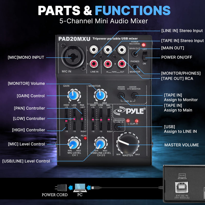 Pyle 5-Channel Professional Audio Mixer DJ Sound Board – Compact Music Mixer with USB Interface, EQ Controls, XLR Mic Input, 18V Phantom Power, Rechargeable Battery – USB/Line/Master Controls