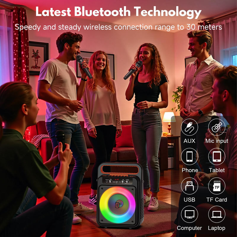 [AUSTRALIA] - JYX Karaoke Machine with 2 Wireless Microphones, Portable Bluetooth Karaoke Speaker for Adults, PA System Speaker with LED Lights Support REC/USB/AUX/TF for Outdoors Home Party (MS79) MS79 