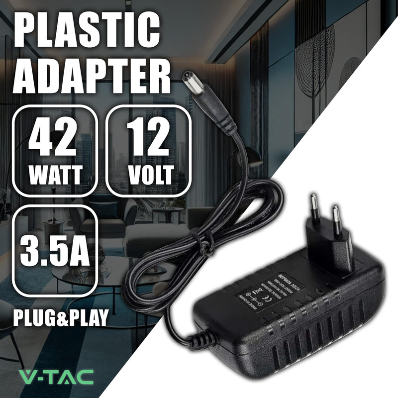 V-TAC Power Supply Adapter 12 V 42 W 3.5 A for Cameras, LED Strips, Modem - Transformer 12 V - Power Adapter for Screens and Electronic Devices - Input AC 100-240 V - Euro Plug 42 watts
