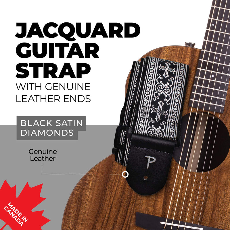 [AUSTRALIA] - Perri’s Leathers Jacquard Guitar Straps - Adjustable Length 39" to 58", Genuine Leather Ends, Silver Cross Design, Electric, Bass, Acoustic Guitar Strap - Metallic Silver 