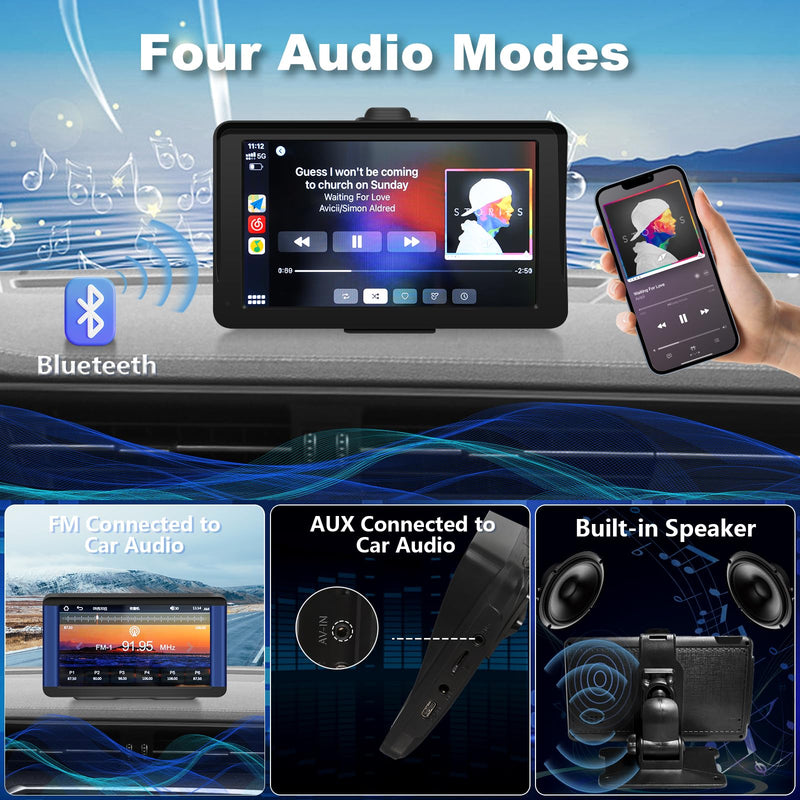 Wireless Carplay Screen for Car, 7" HD IPS Touch Screen Stereo for Apple Carplay & Android Auto,Bluetooth,Voice Control,GPS Navigation,Mirror Link | Plug-and-Play, Apple Car Paly for All Vehicle