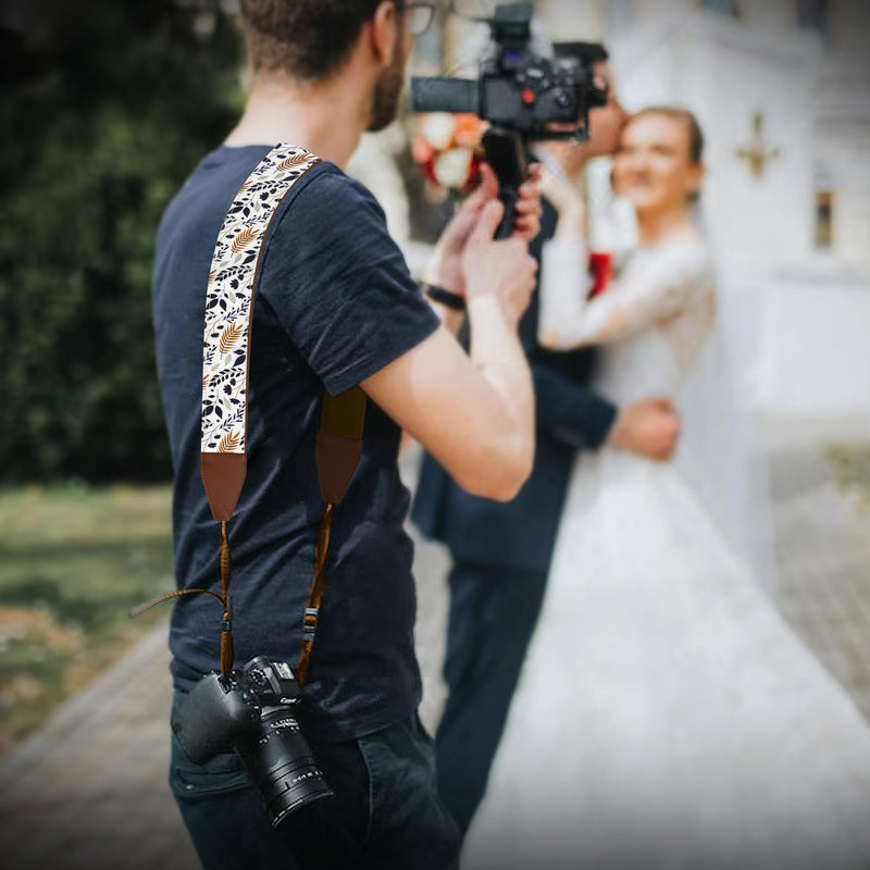 Camera Strap for DSLR and Mirrorless Camera , Shoulder Neck and Crossbody Strap with Soft Padded Webbing, Cotton Pattern for Men & Women, Best Gift for Photographers, White Leaves Classic Design A White Leaves